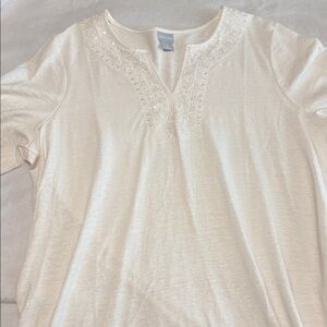 croft & barrow Cream Embroidered Split-Neck Short Sleeve Top